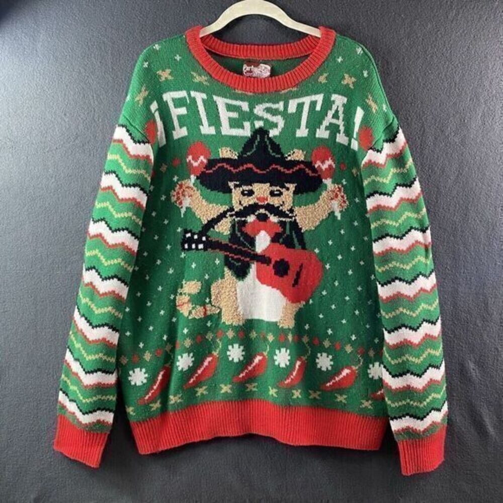 Party Sweater Dec.25 Ugly Christmas Sweater Fiesta Cat Sz 2XL Unisex Green Red